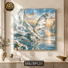 Tranh tráng gương Bướm pha lê vuông decor phòng khách quà tặng trang trí nội thất sang trọng