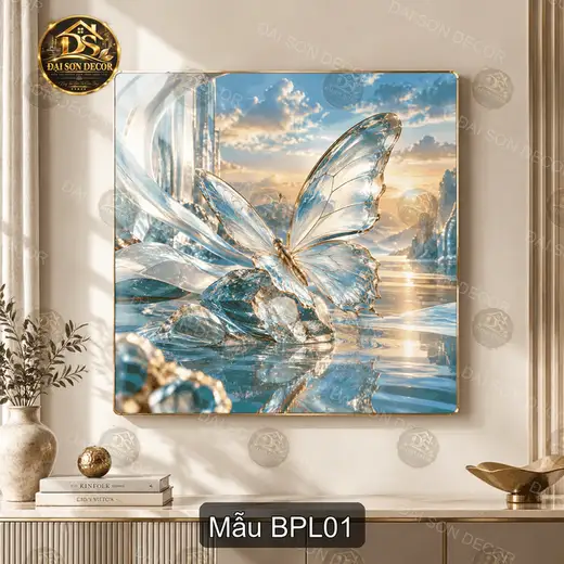 Tranh tráng gương Bướm pha lê vuông decor phòng khách quà tặng trang trí nội thất sang trọng