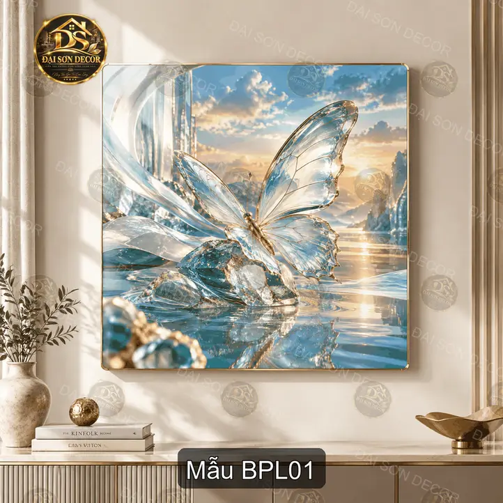 Tranh tráng gương Bướm pha lê vuông decor phòng khách quà tặng trang trí nội thất sang trọng