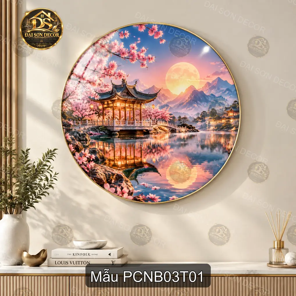 Tranh tráng gương tròn Phong cảnh Nhật Bản hoa anh đào hồ núi decor phòng khách