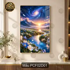 Tranh tráng gương phong cảnh fantasy 002 núi non sông suối hoa trời decor phòng khách