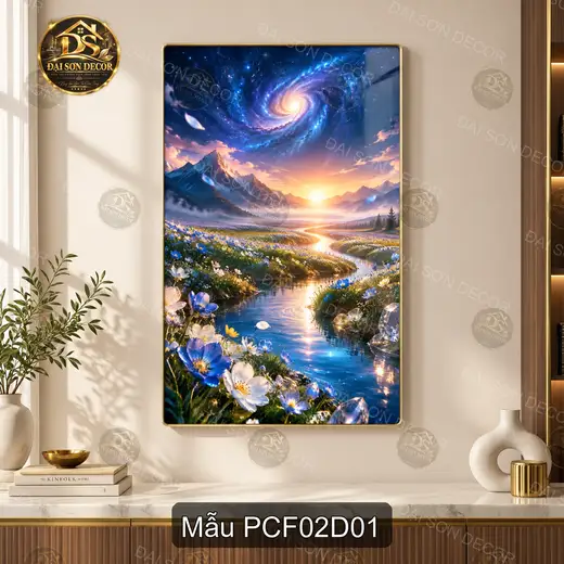 Tranh tráng gương phong cảnh fantasy 002 núi non sông suối hoa trời decor phòng khách
