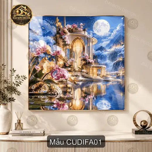 Tranh treo tường tráng gương cung điện fantasy phong cảnh hoa lan hồ nước trang trí phòng khách