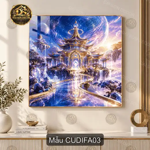 Tranh treo tường tráng gương cung điện fantasy phong cảnh hoa lan hồ nước trang trí phòng khách