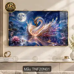 Tranh tráng gương Thiên nhiên fantasy 020 đôi thiên nga hồ sen decor phòng khách quà tặng