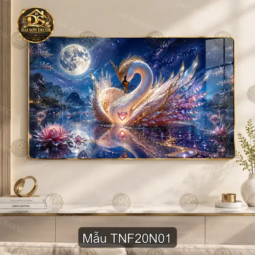 Tranh tráng gương Thiên nhiên fantasy 020 đôi thiên nga hồ sen decor phòng khách quà tặng