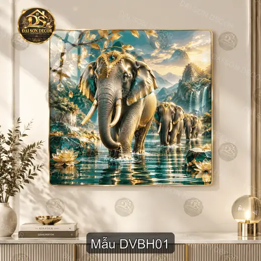 Tranh tráng gương đàn voi bên hồ phong cách sang trọng decor phòng khách DVBH01