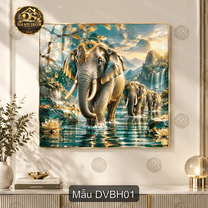 Tranh tráng gương đàn voi bên hồ phong cách sang trọng decor phòng khách DVBH01