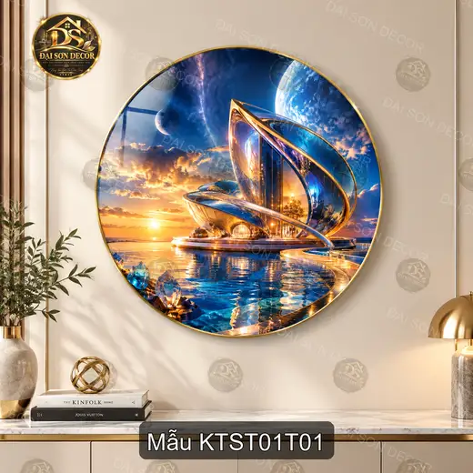 Tranh tròn tráng gương kiến trúc sang trọng decor phòng khách phòng làm việc KTST01T01