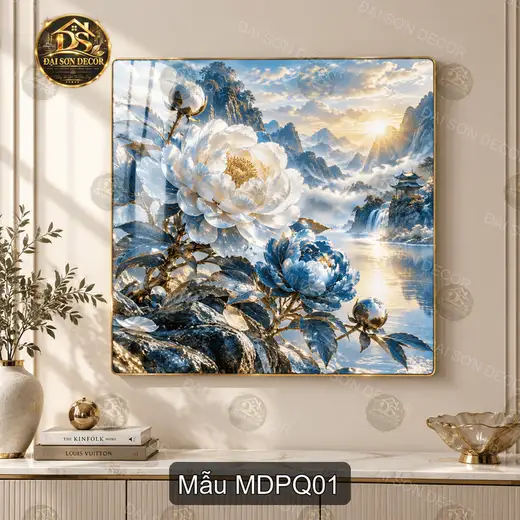 Tranh tráng gương vuông mẫu đơn phú quý phong cảnh sơn thủy decor phòng khách quà tặng