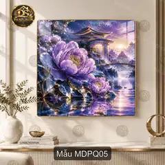 Tranh tráng gương vuông mẫu đơn phú quý phong cảnh sơn thủy decor phòng khách quà tặng