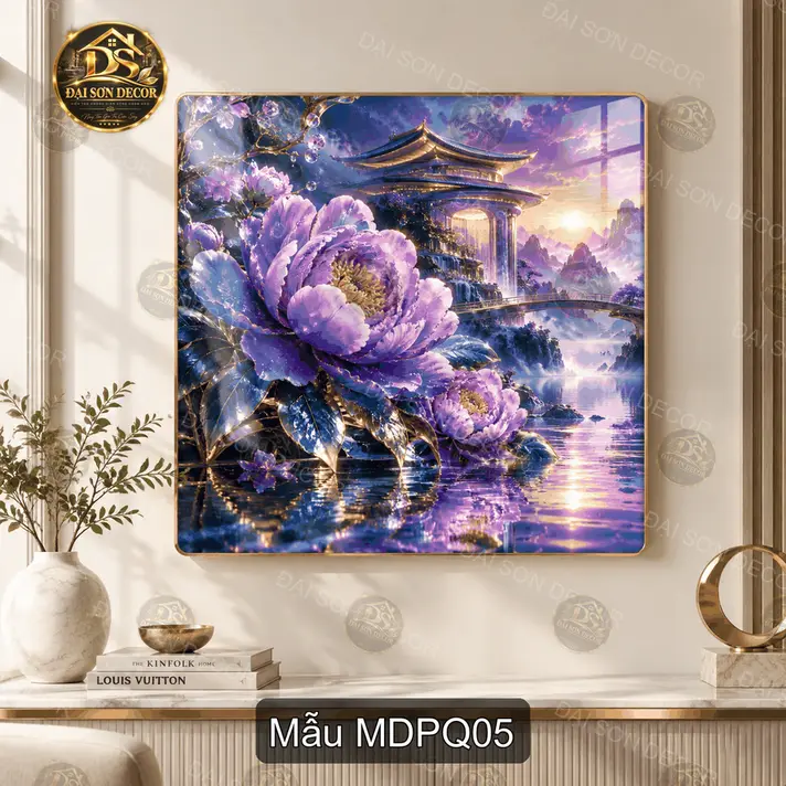 Tranh tráng gương vuông mẫu đơn phú quý phong cảnh sơn thủy decor phòng khách quà tặng