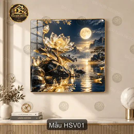 Tranh tráng gương Hoa sen vàng phong cảnh trăng đêm trang trí phòng khách hiện đại