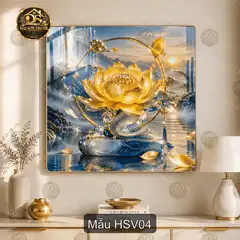 Tranh tráng gương Hoa sen vàng phong cảnh trăng đêm trang trí phòng khách hiện đại