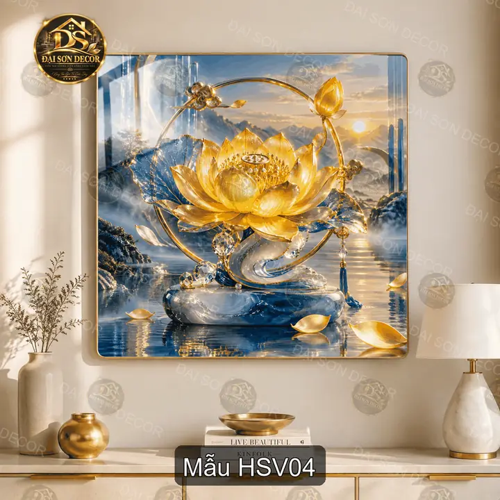 Tranh tráng gương Hoa sen vàng phong cảnh trăng đêm trang trí phòng khách hiện đại