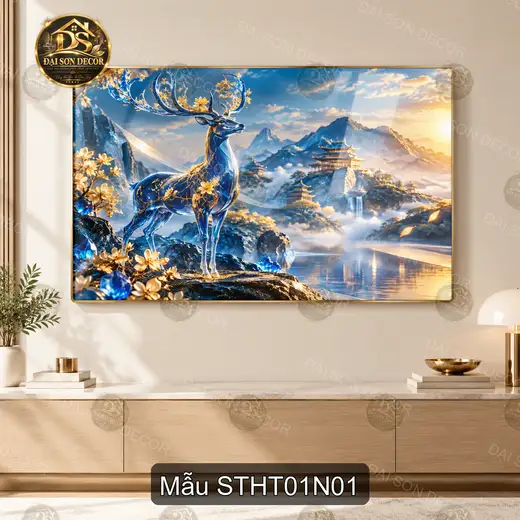 Tranh tráng gương Sơn thủy hữu tình 001 hươu xanh decor phòng khách phòng làm việc