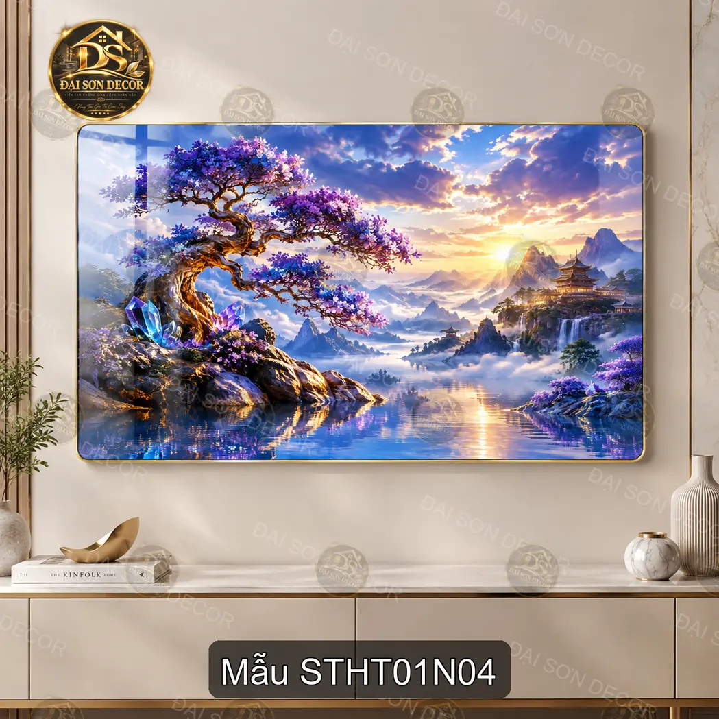 Tranh tráng gương Sơn thủy hữu tình 001 hươu xanh decor phòng khách phòng làm việc