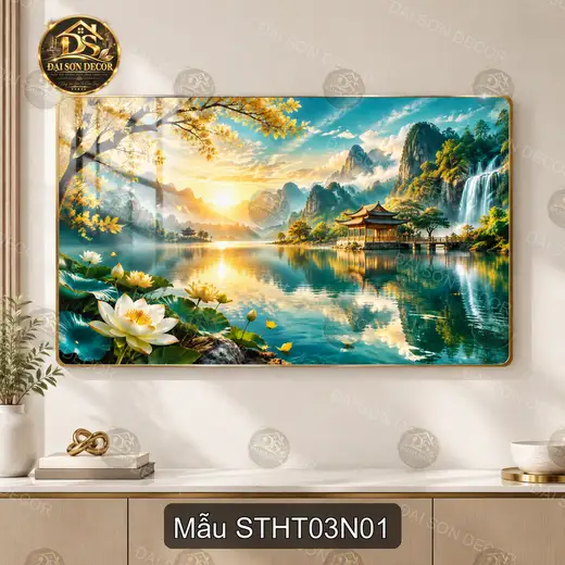 Tranh tráng gương Sơn thủy hữu tình 003 hồ sen thác nước trang trí phòng khách