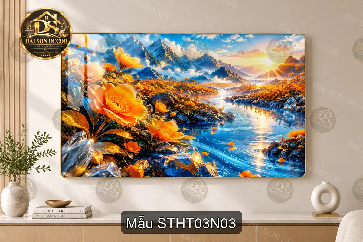 Tranh tráng gương Sơn thủy hữu tình 003 hồ sen thác nước trang trí phòng khách