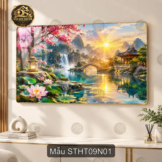 Tranh tráng gương Sơn thủy hữu tình 009 phong cảnh hoa sen thác nước decor phòng khách