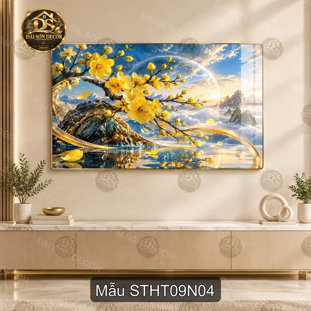 Tranh tráng gương Sơn thủy hữu tình 009 phong cảnh hoa sen thác nước decor phòng khách