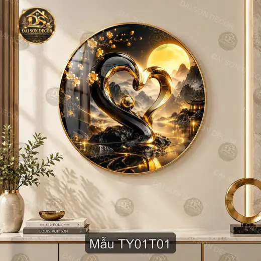 Tranh tròn tráng gương Tình yêu 001 đôi thiên nga nghệ thuật decor tường hiện đại sáng đẹp