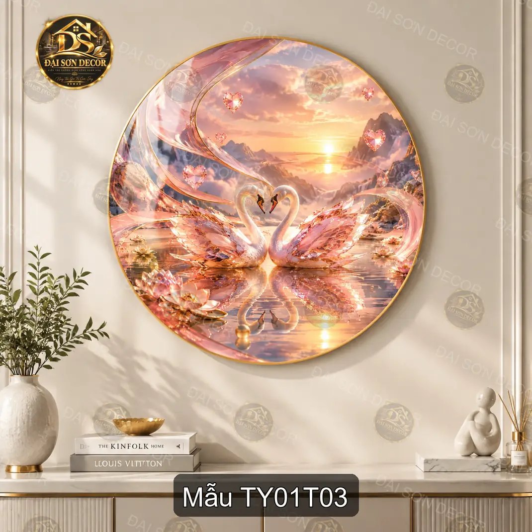 Tranh tròn tráng gương Tình yêu 001 đôi thiên nga nghệ thuật decor tường hiện đại sáng đẹp