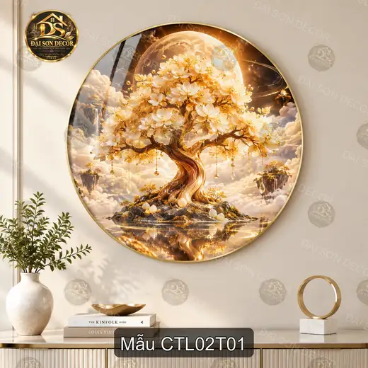 Tranh tráng gương tròn Cây tài lộc 002 sang trọng decor phòng khách nội thất hiện đại