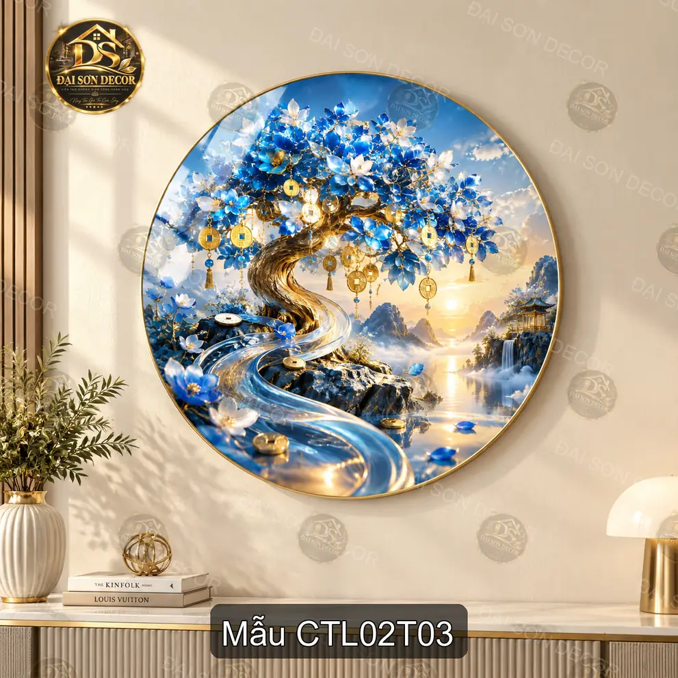 Tranh tráng gương tròn Cây tài lộc 002 sang trọng decor phòng khách nội thất hiện đại
