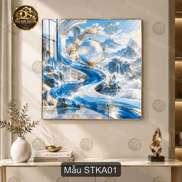 Tranh sơn thủy kỳ ảo tráng gương vuông decor phòng khách sang trọng