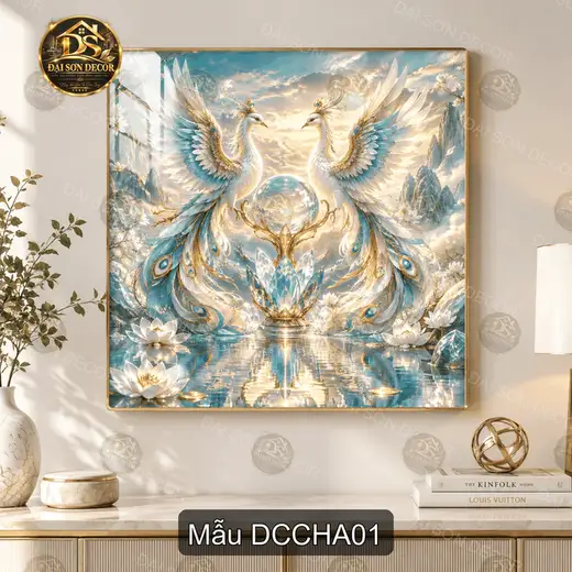 Tranh tráng gương đôi chim công huyền ảo decor phòng khách quà tặng ý nghĩa