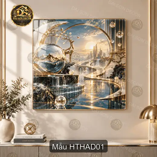Tranh tráng gương Hươu thần hoa anh đào phong cảnh kỳ ảo trang trí phòng khách