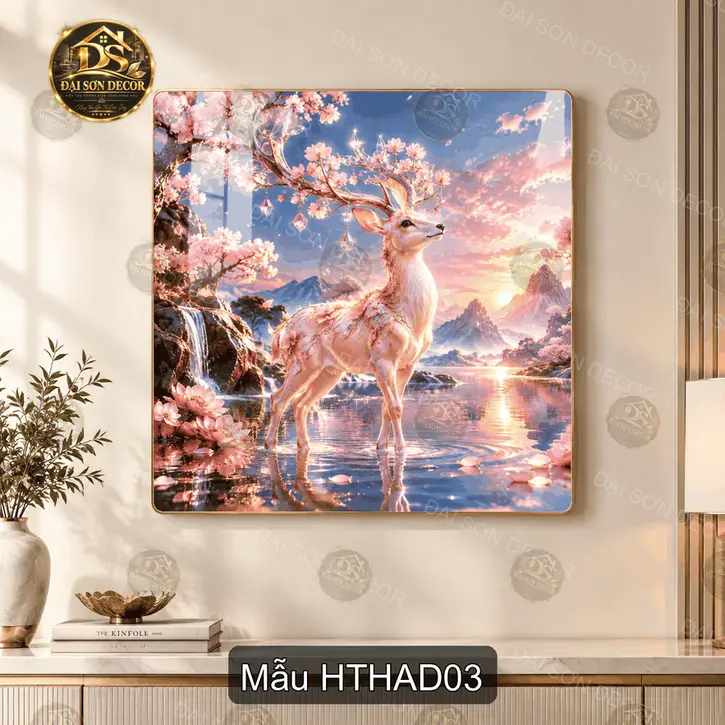 Tranh tráng gương Hươu thần hoa anh đào phong cảnh kỳ ảo trang trí phòng khách