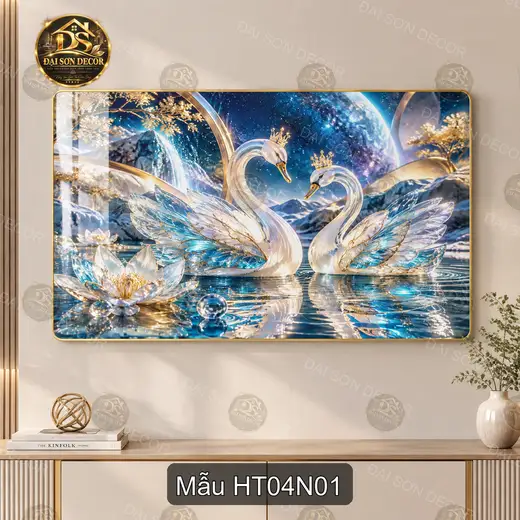 Tranh tráng gương Hạc tiên 004 đôi thiên nga hồ sen xanh decor phòng khách sang trọng