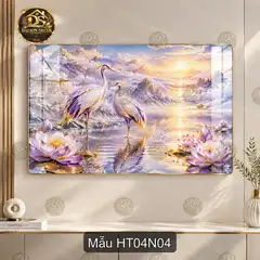 Tranh tráng gương Hạc tiên 004 đôi thiên nga hồ sen xanh decor phòng khách sang trọng