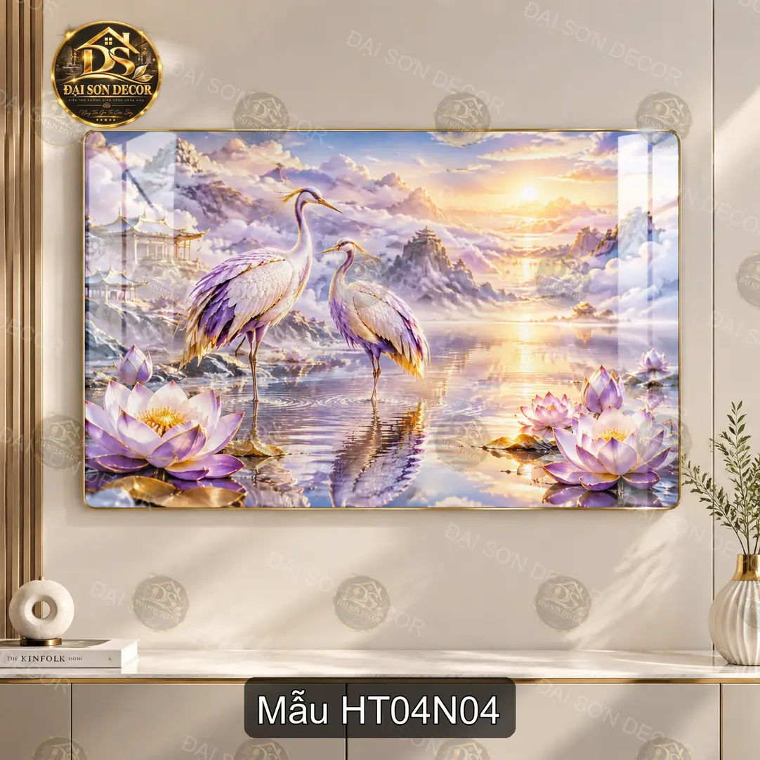 Tranh tráng gương Hạc tiên 004 đôi thiên nga hồ sen xanh decor phòng khách sang trọng