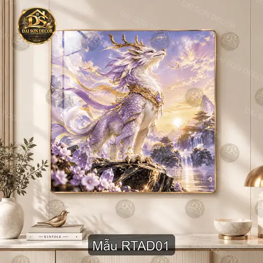 Tranh tráng gương Rồng thần Á Đông decor phòng khách phong cách thư pháp nghệ thuật