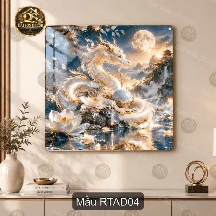 Tranh tráng gương Rồng thần Á Đông decor phòng khách phong cách thư pháp nghệ thuật