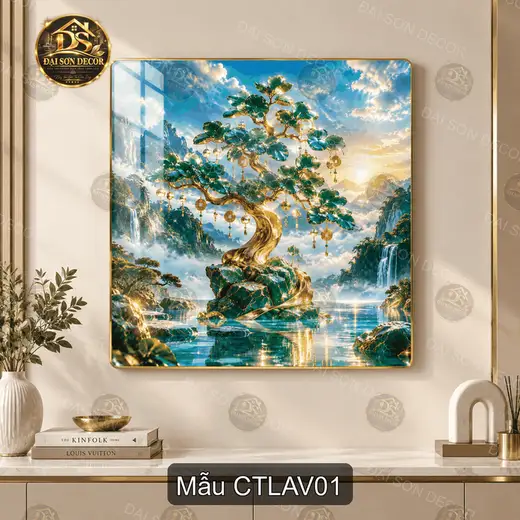 Tranh tráng gương Cây tài lộc ánh vàng vuông decor phòng khách quà tặng tân gia CTLAV01