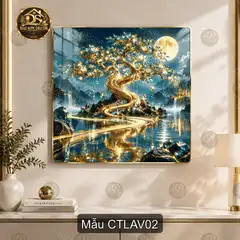Tranh tráng gương Cây tài lộc ánh vàng vuông decor phòng khách quà tặng tân gia CTLAV01