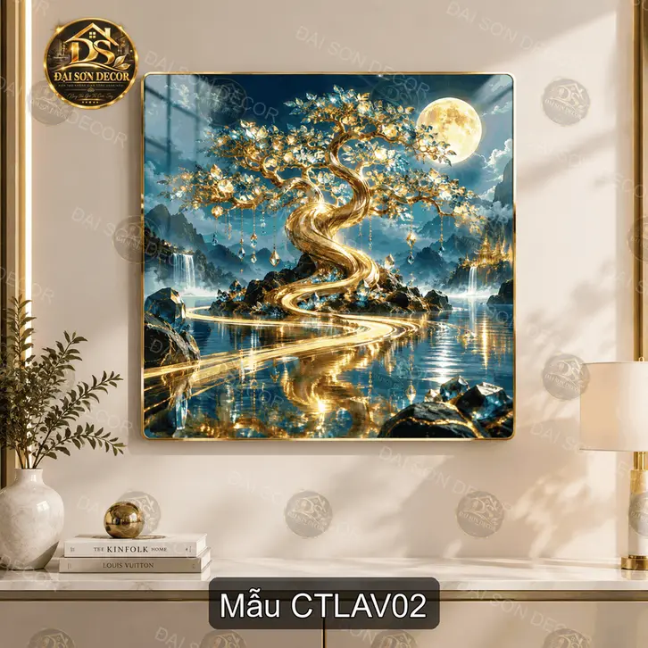 Tranh tráng gương Cây tài lộc ánh vàng vuông decor phòng khách quà tặng tân gia CTLAV01