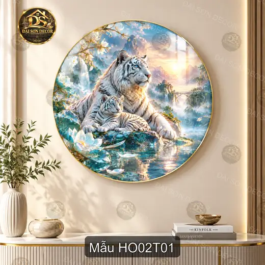 Tranh tròn tráng gương Hổ 002 mẹ con bên hồ sen phong cảnh nghệ thuật decor phòng khách