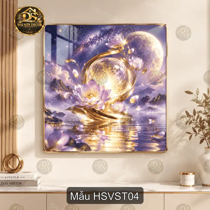 Tranh tráng gương hoa sen nghệ thuật vuông trang trí phòng khách phòng ngủ