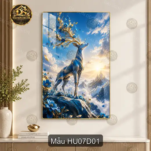 Tranh tráng gương Hươu 007 xanh dương treo dọc decor phòng khách phong cách nghệ thuật