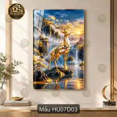 Tranh tráng gương Hươu 007 xanh dương treo dọc decor phòng khách phong cách nghệ thuật
