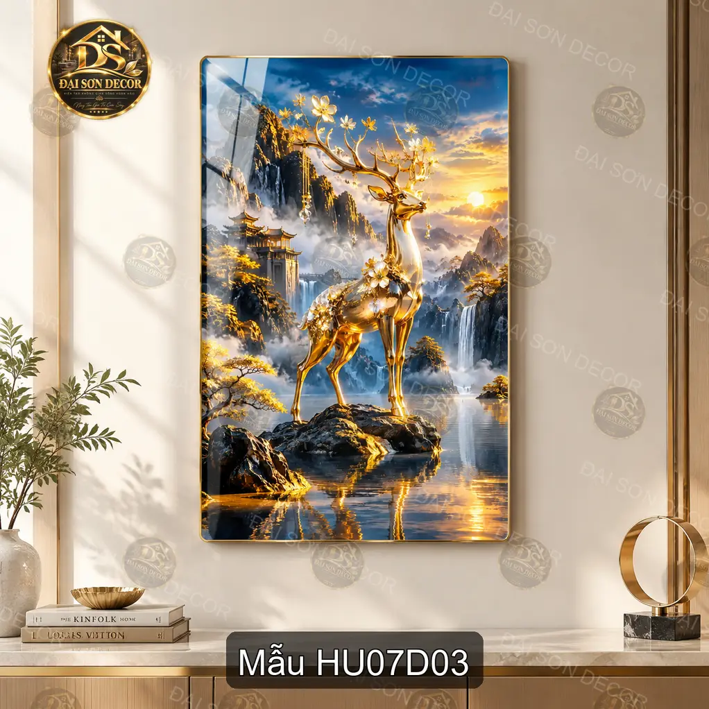 Tranh tráng gương Hươu 007 xanh dương treo dọc decor phòng khách phong cách nghệ thuật