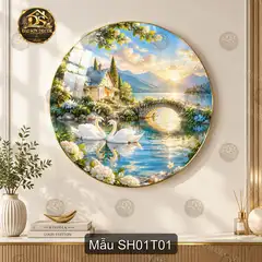 Tranh tròn tráng gương Sông hồ 001 đôi thiên nga núi non decor phòng khách quà tặng