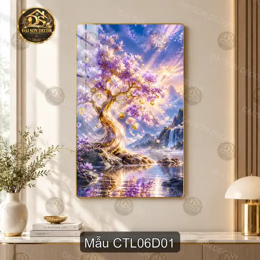 Tranh tráng gương Cây tài lộc 006 hiện đại sáng đẹp treo tường phòng khách CTL06D01