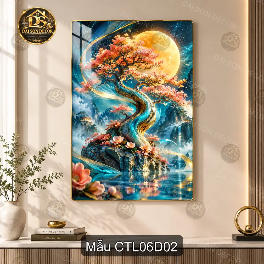 Tranh tráng gương Cây tài lộc 006 hiện đại sáng đẹp treo tường phòng khách CTL06D01