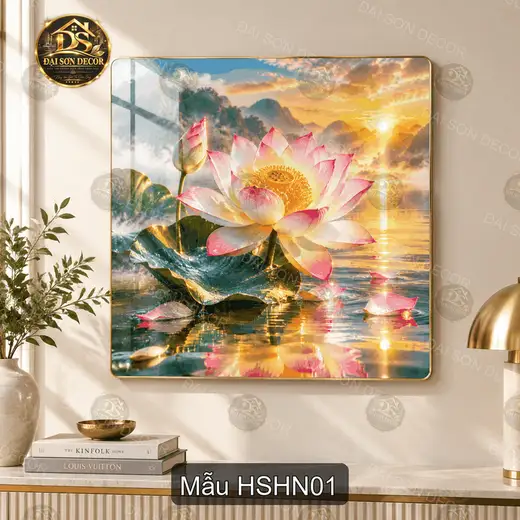Tranh tráng gương Hoa sen hồ núi vuông decor phòng khách quà tặng HSHN01